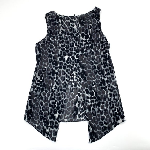 Express Snow Leopard Black Grey Tank Top Split Back XS Sheer Blouse Scoop Neck - Picture 8 of 11